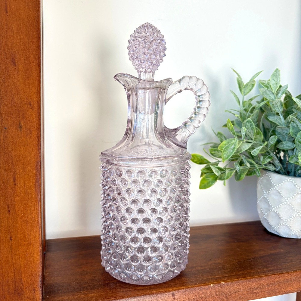 Vintage Lavender Hobnail Glass Decanter Purple Cruet with Pineapple Stopper